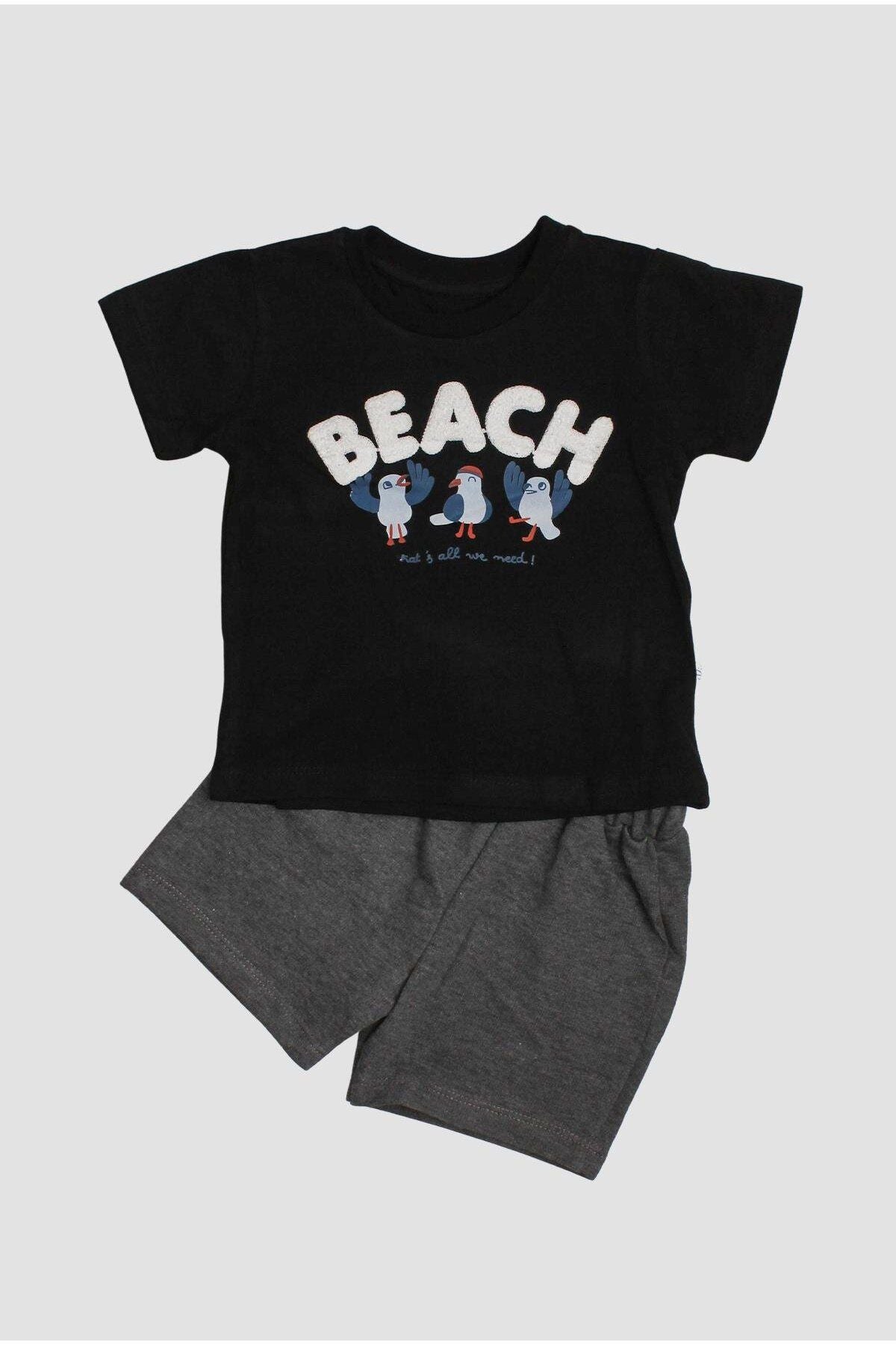 Erkek Bebek Beach Nakışlı Kuş Baskı Desenli 2'li Alt Üst Takım